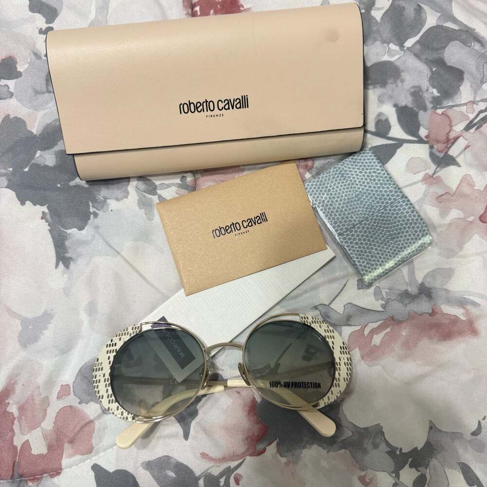 Roberto Cavalli RC 1126 32Q Round Gold and Cream Snake-Print Sunglasses
